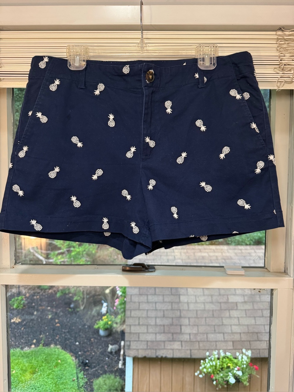 LOFT Navy Pineapple Embroidered Flat Front Shorts
